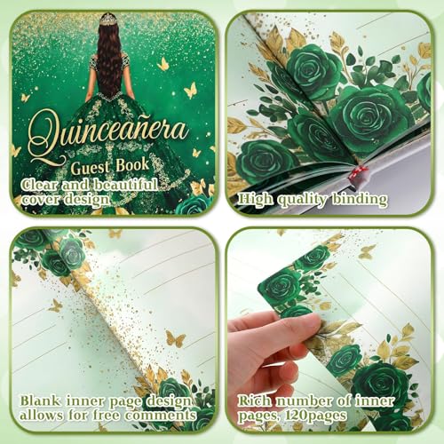 Image of MotiMind Quinceanera Guest Book with Pen 11 x 8 Inch Libro De Firmas Para 15 Anos Quinceanera Leather Hardcover Signature Guest Sign in Book for 15th Party Favors Decoration (Green,Elegant)