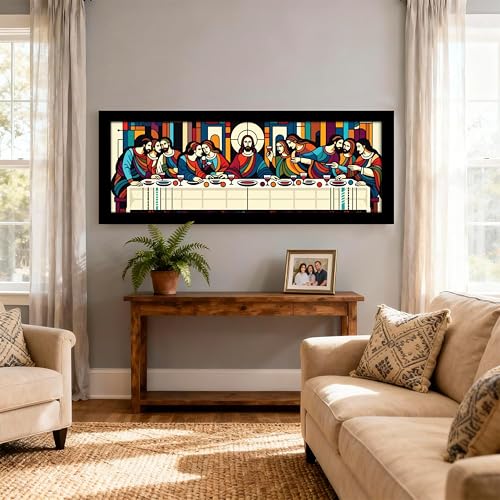 Image of PAINTINGMANTRA The Last Supper Christian Religious Holy Wall Art Framed Luxury Paintings for Home Decoration, Living room, Bedroom and Office Decoration (99x38 CM)
