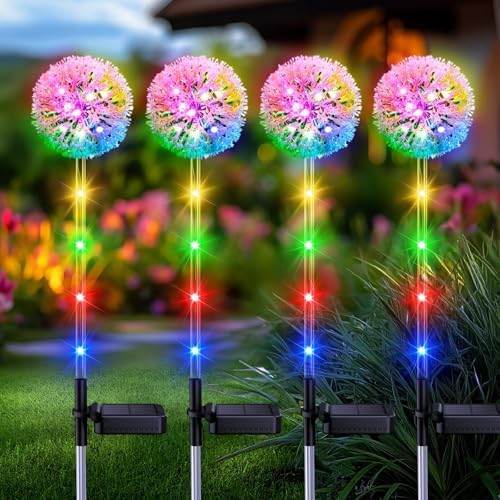 Solar Garden Lights Outdoor Decorations: 4 Pack Dandelion Flower Lights, 2 Modes Colorful 16 LED Landscape Light, Waterproof Artificial Flowers for Yard, Patio, Pathway Decor, Gifts for Women Mom