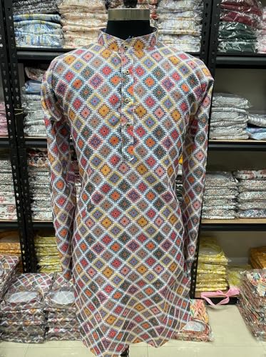 Image of FOXDX Men's Cotton Blend Printed Long Kurta Suitable for All Indian Wedding, Occasions, and Festivals