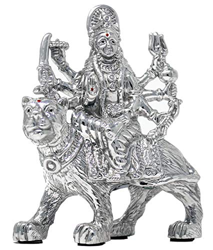 CaratCafe Maa Durga Sherawali Ma Ambe MATA Idol Pure Silver 999 Statue,BIS Hallmark Certified for Puja Temple Good Luck Gift & Home Decor { NET WT 33-36 GMS } [2.7 x 1.5 x 3.7 Inch]