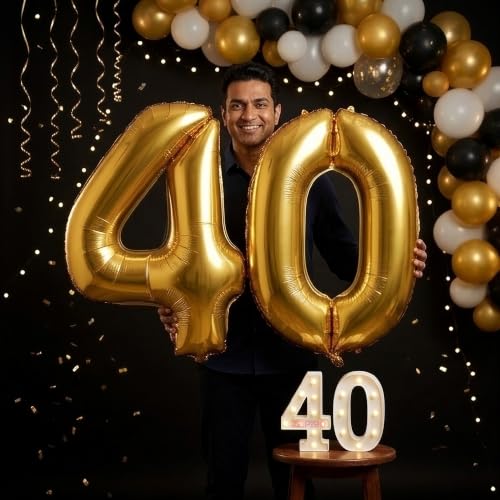 Image of Balloonistics Gold 40-Inch Foil Number 40 Balloon with Matching LED Marquee Light - Combo Set for 40th Birthday, Anniversary, Party Decoration, Photo Booth Backdrop, Cake Table Decor