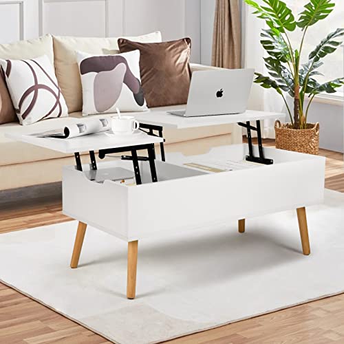 VOWNER Mesa de Centro Regulable en Altura, Extraíble, Extensible, Compartimento de Almacenaje Oculto Independiente, Tablero Elevable Doble, Mesa de Sofá de Salón, Blanco