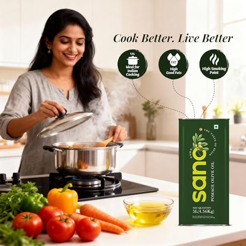 Image of sano Pomace Olive Oil 5L Ideal for Frying, Roasting & Sauteing Rich Neutral Flavour & High Smoke Point Versatile Edible Cooking Oil for Indian Cuisine