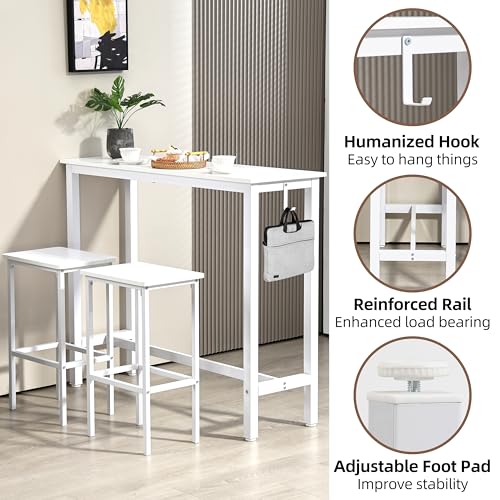 Finnhomy 47\" Industrial Bar Table Set with 2 Stools - Counter Height Dining & Pub Table for Small Spaces, Kitchen, Apartment, Breakfast Nook - Metal & Wood, Space-Saving Furniture - White - Thumbnail 5