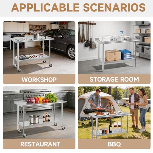 Image of ROCKPOINT All Stainless Steel Prep Table with Caster & Backsplash 30x48 Inch,Commercial Heavy Duty Workbench with Stainless Legs & Adjustable Undershelf,840 lb Capacity for Outdoor Kitchens with Wheel