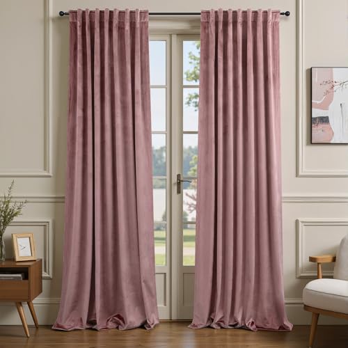 Image of Dusty Rose Pink Velvet Curtains 84 Inch Length for Girls Bedroom 2 Panels Back Tab Pocket Pleated Pretty Cute Luxury Living Room Darkening Thermal Insulated Light Reducing Long Drapes for Dining Room
