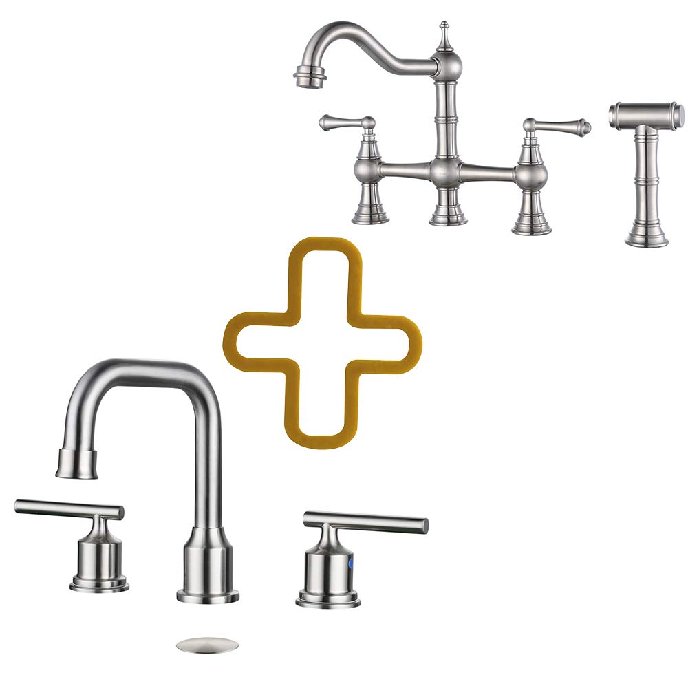 Jnfidosr 2 Handles 8 Inch Widespread High Arc Bathroom Faucet Brushed Nickel And 8 Inch Centerset Bridge Kitchen Faucet With Brass Side Sprayer 2 Handles 4 Holes