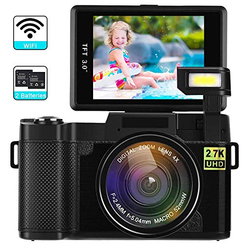 Digital Camera with WiFi 24MP 2.7K HD Video Camcorder 3.0 Inch Flip Screen Vlogging Camera with Flashlight and 2 Batteries (Not Include MicroSD/TF Card)