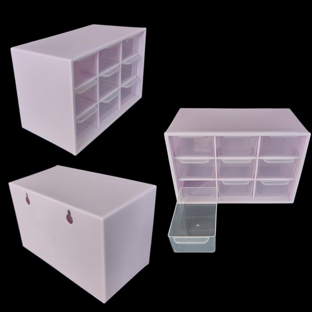 4 Pack Mini Desk Storage Organizer with 9 Clear Drawers, Plastic Small Stackable Desktop Craft Drawer Cabinet Storage Box, Wall Mounted Jewelry Organizer for Beads, Makeup Tool Collection (Purple)