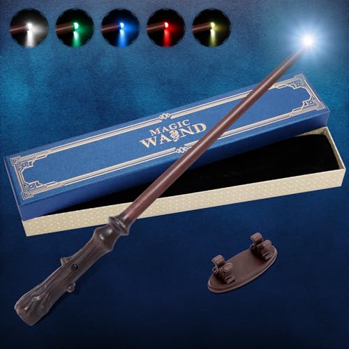 CharmFields Light Up Magic Wizard Wand with 5 Static Light Color Rechargeable Illuminating Resin Witch Wand for Kids Collection Cosplay with Mini Stand Display Trunk