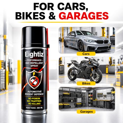Image of Eightiz Rat Repellent Spray for Cars, Bikes, Computer No Mask Required, No Trapping Protect Wires in Car Bike Computer No Poisoning,No Killing, Unique Natural Active Ingredients 500 ml.