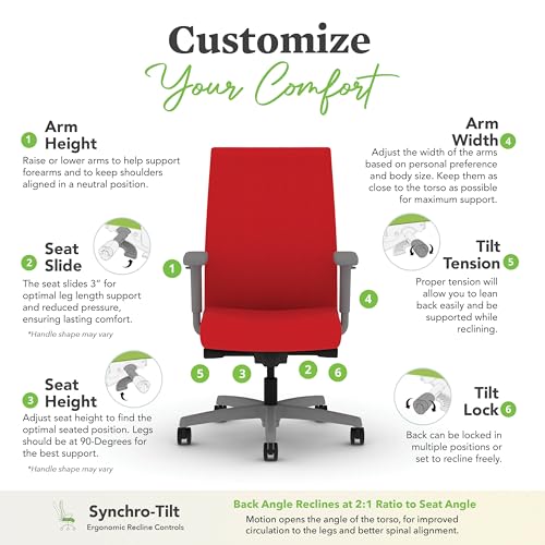 Image of HON Ignition 2.0 Ergonomic Office Chair with Adjustable Arms, Advanced Synchro‑Tilt Recline, Upholstered Desk and Computer Chair for Home Office or Workstation, Titanium Frame, Ruby
