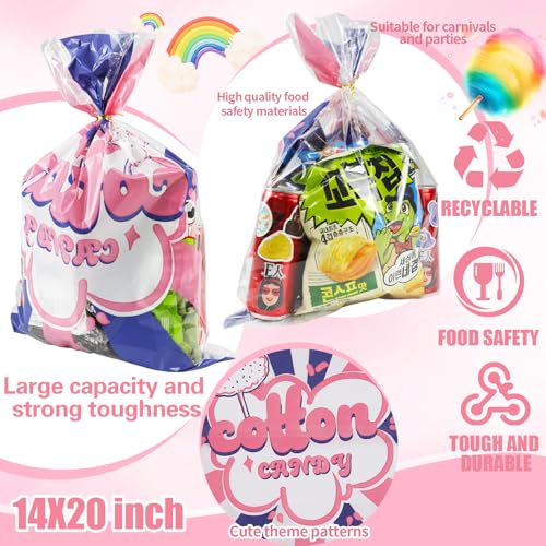Image of LEOSINDA 25 Pcs Cotton Candy Bags with Ties, 14 x 20 Inch Clear Printed Bags for Extra Large Fluffy Cotton Candy, Carnivals, Circus, Birthday Parties & Concession Stand Supplies