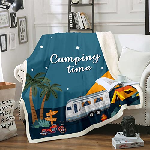 Erosebridal Camper Blanket 40"x50", Happy Camping Throw Blanket for Boys Girls Family Seaside Vacation Style Sherpa Blanket, Rustic Farmhouse Fuzzy Blanket Western Bedroom Decor Fleece Blank
