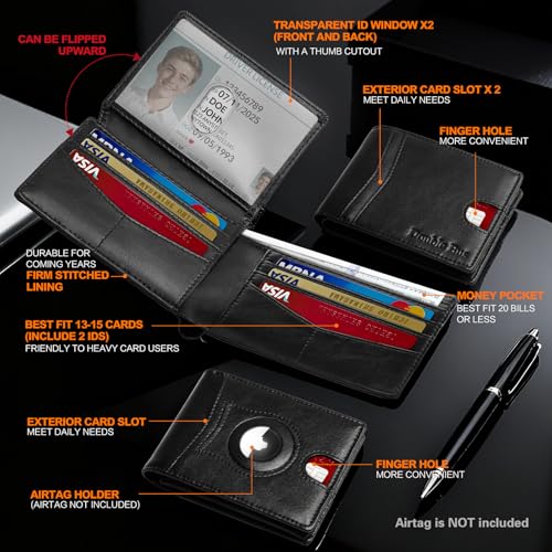Image of Wallet for Men Slim RFID Blocking Bifold Carbon Fiber,Minimalist Small Compact Front Pocket Credit Card Holder,Thin Mens Leather Wallets Smart Security With 2 ID windows 1 Cash (Oil Wax Black)