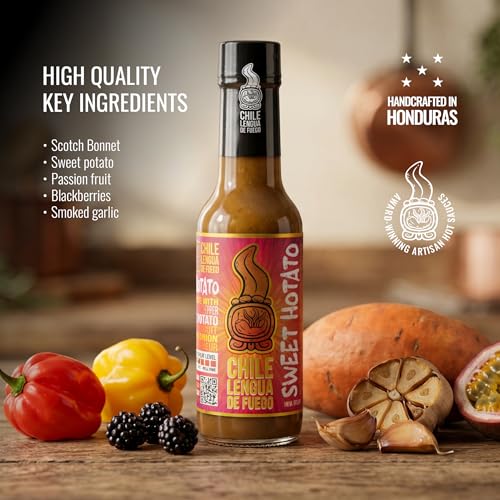 Image of Chile Lengua de Fuego Sweet Hotato - Roasted Sweet Potato & Scotch Bonnet Hot Sauce, Sweet Smoky Gourmet, 5 oz Bottle (Pack of 1)