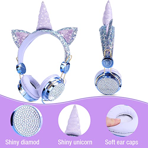 Image of Unicorn Kids Headphones for Girls Children Teens, Wired Headphones w /Microphone 3.5mm Jack, Over On Ear Headset for School Birthday Xmas Unicorn Gift (Fairy Blue)