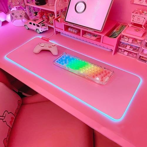 JMIYAV Alfombrilla de ratón de juego LED RGB rosa - Gran alfombrilla - De goma antideslizante - XL XXL - Rosa - Gran alfombrilla de ratón para juegos - Para jugadores - 800 x 300 mm P1-1