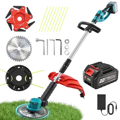 SakerPlus Wireless Weed Cutter 3-in-1 Brush Cutter/Lawn Mower/Edger with 22V 4000mAh Battery Brushless Weed Wacker Adjustable Pole Weed Eater Grass Trimmer for Yard Thick Weeds & Shrubs