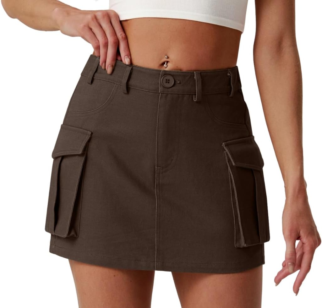 Lepunuo Cargo Skirt Y2K Mini High Waisted Elastic Bodycon Denim Jean Flap Button Skirts with Pockets