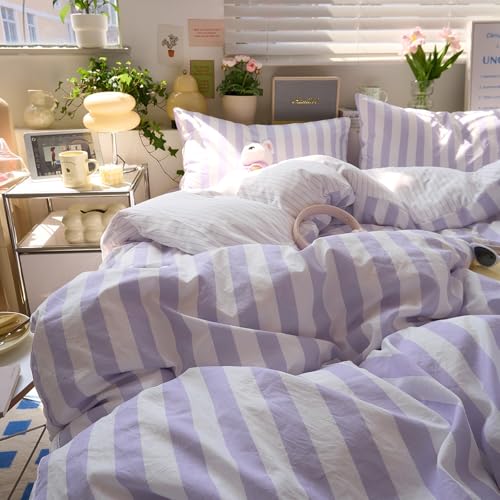 Image of LifeTB Striped Comforter Set Queen, Vintage Purple White Stripes Pattern Printed Bedding Set, Lightweight Soft Striped Bed Comforter with 2 Pillowcases, Farmhouse 3 Piece Comforter Set for All Season