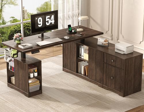 63" L-Shaped Electric Standing Desk, Executive Standing Desk with File Cabinet, Height Adjustable Sit Stand Desk with Storage Shelves & Drawers, Corner Computer Desk with Power Outlet, Brown