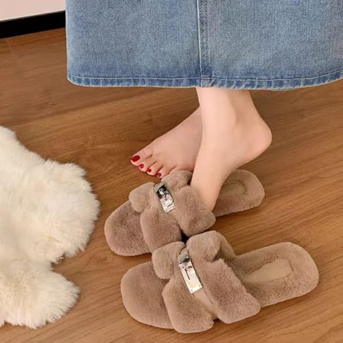 Axellion Womens Fuzzy Slides Open Toe Fluffy House Slippers Khaki 8.5M by Axellion - Used condition - Image 5