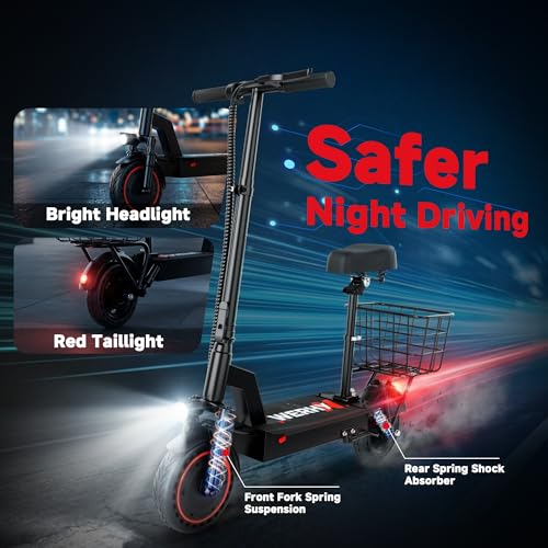 Image of Electric Scooter with Seat, 500W Motor, 20 MPH & 21 Miles Range, 10 Inch Solid Tires, Front Suspension, Foldable Commuter E-Scooter with LCD Display, Dual Braking and Basket