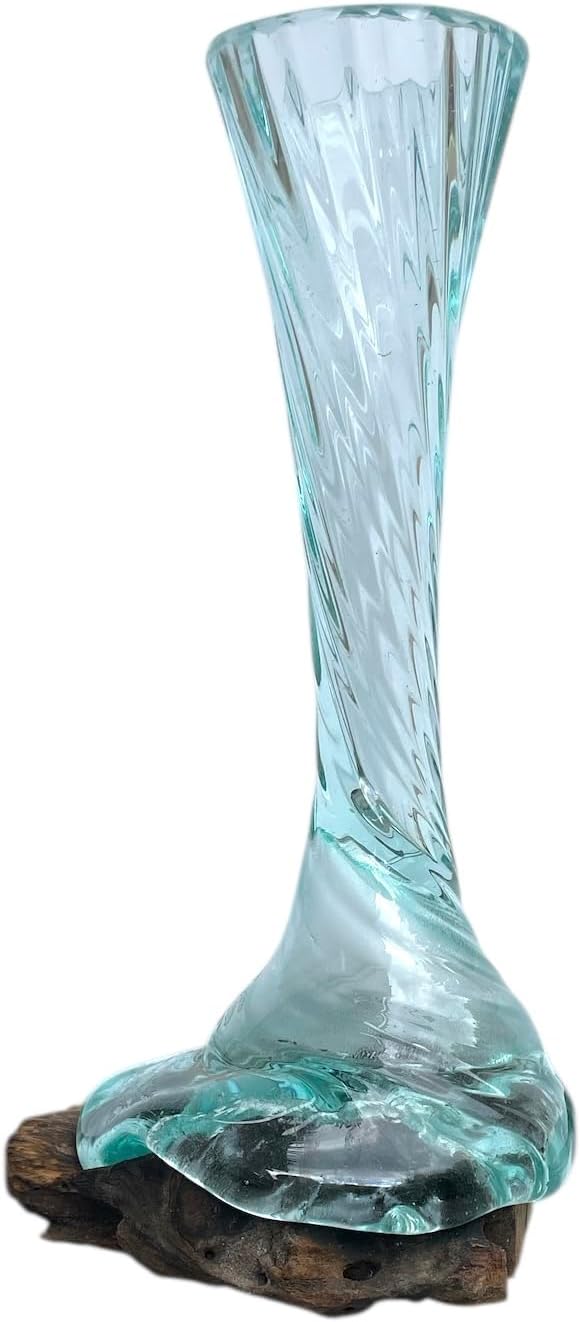 OMA Molten Glass Vase on Driftwood – Hand-Blown Teak Wood Sculpture – Coastal Decor Centerpiece & Home Decor Accent - Unique Gift