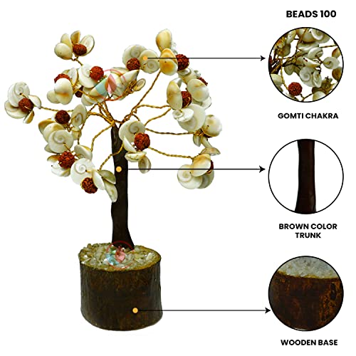 Image of REMEDYWALA Charged Energized Gomti Chakra and Rudraksha Floral Design Stone Tree for Reiki Healing, Gomati Stone Tree Showpiece for Good Luck Home Decor, Gomati Chakra Tree 108 Beads