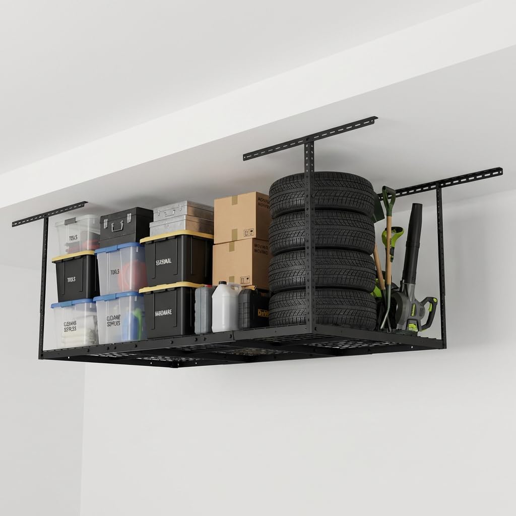 FLEXIMOUNTS 3x6 ft Adjustable Overhead Garage Storage Rack, 72" L x 36" W x 40" H, 450 lbs Weight Capacity, Black, Classic Series