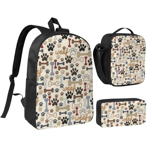Backpack Set with Lunch Bag & Pencil Case Dog Bones Paw Print Oxford Fabric Portable Useful Bag Set