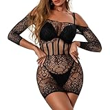 Fjquamitix Damen Dessous Set,Faszinierend Unterwäsche mit Langen Armeln,Lochmusteriges Rückenfreies Durchsichtiges Spitzenstrick Bodysuit