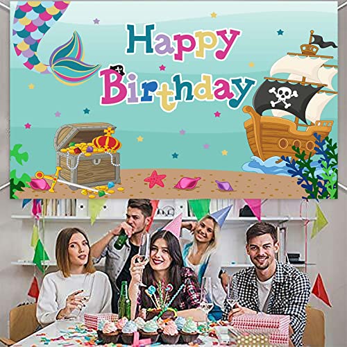 Pirate Ship Treasure Happy Birthday Decorations Banner Backdrop Background Pirates Ocean Theme Photo Booth Props Decor for Man Birthday Movie Party Flag Favors Supplies by Generic - Used condition - Image 6