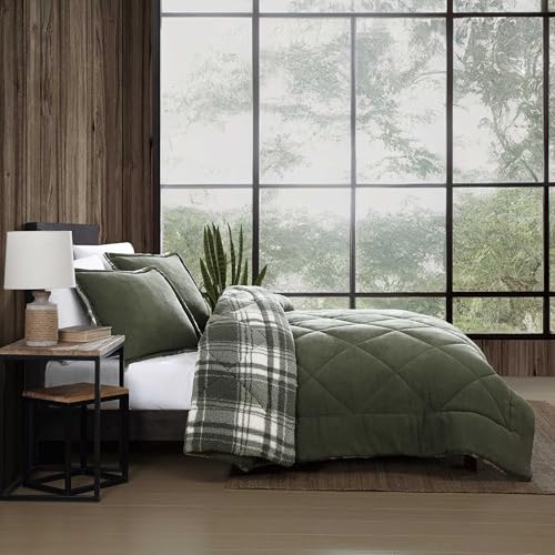 Image of Eddie Bauer - King Comforter Set, Solid Microsuede Bedding with a Plaid Ultra-Plush Faux Shearling Reverse, 3 Piece Bed Set with Matching Pillowcases (Big Lake Plaid Green, King)