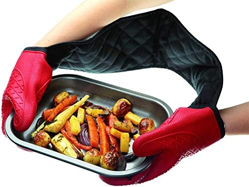 ATWG Double Oven Glove, Non-slip Kitchen Oven Mitts with Cotton Lining, Extra Long Silicone Oven Gloves for Grilling, Cooking, Baking, Microwave, Heat Resistant to 500 Degrees (Red)