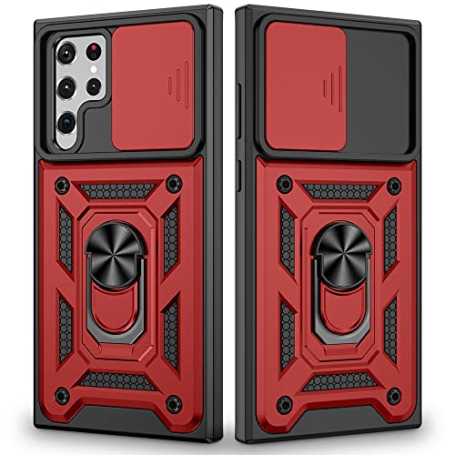 VEGO Compatible for Galaxy S22 Ultra Case, S22 Ultra 5G Kickstand Case with Slide Camera Cover, Built-in 360Â° Rotate Ring Stand Magnetic Cover Case for Samsung Galaxy S22 Ultra 6.8 inch 2022, Red
