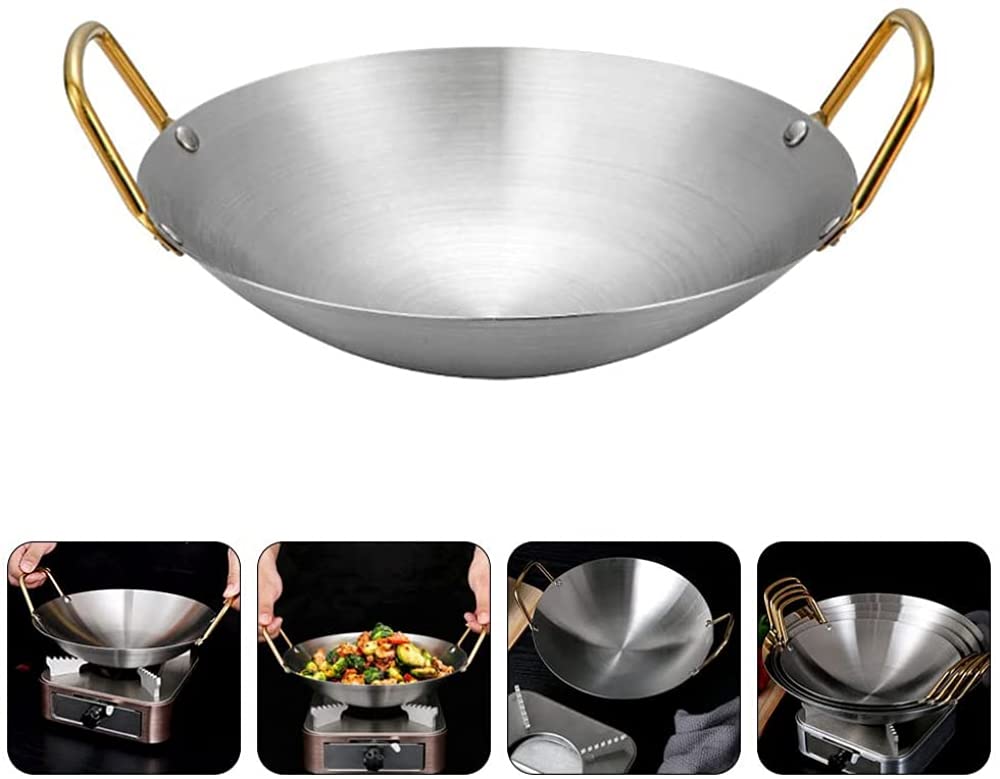Padella per paella in acciaio inox spesso, forma rotonda, wok in stile cinese per casa, esterno, ristorante, 27,8 x 7,2 cm