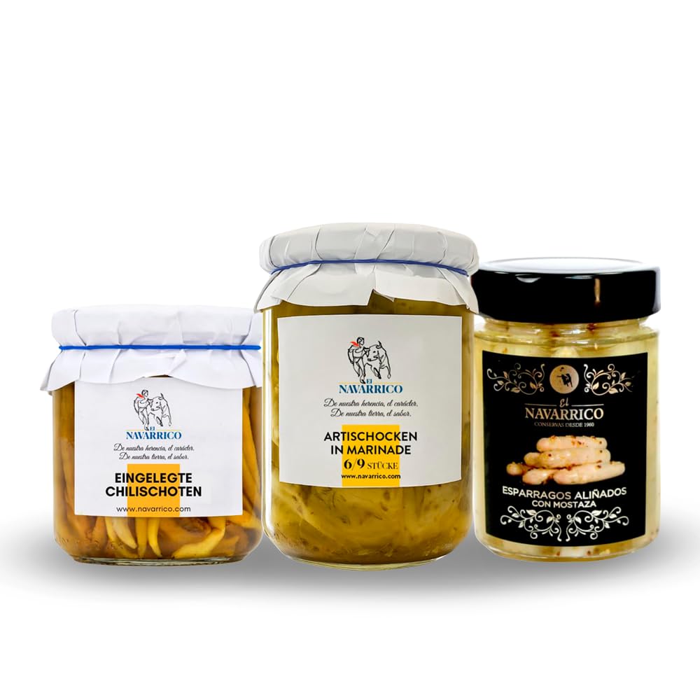 El Navarrico Mediterranes Gemüse-Probierpaket mit Artischocken 390 g, Piparra-Paprika 300 g und Spargel mit Senfdressing 310 g | 3er-Set spanischer Spezialitäten