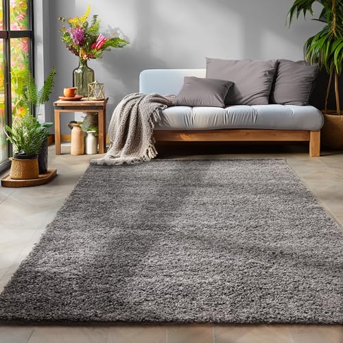 SIMPEX Flauschiger Teppich Wohnzimmer Schlafzimmer Läufer Flur Esszimmer Küchenteppich Hochflor Einfarbig Modernes Design 30 mm Florhöhe Kuschelweich, Grau, 80 x 250 cm