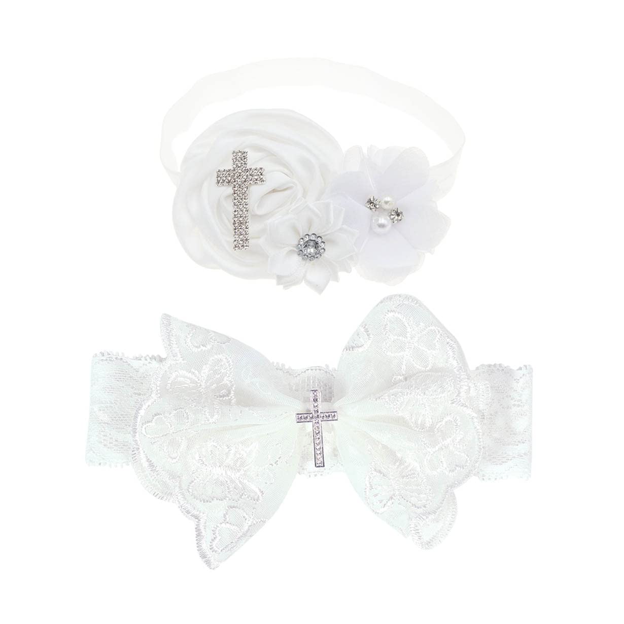 BBTDIN Baby Baptism Headband Bow Newborn Christening Hair Band Baby Baptism Lace Headwear BBG48 (C2-Cross Set) image 2