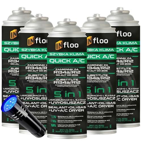 INfloo Quick A/C Sustituto de R134a 5 en 1 5x205 g | Gas + Aceite + Sellador + Tinte UV + Desecante | Recarga para Aire Acondicionado de Coche + Linterna UV y Guantes