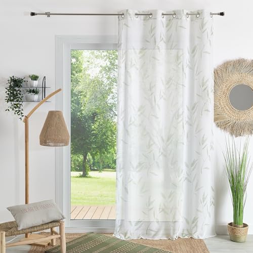 Home Maison QABANE - Voilage Imprimé Bambou - 100% Polyester - Rideaux Fenêtre Salon Chambre Cuisine - 8 Œillets Argent - Transparent Tamisant - 140 x 240 cm - Vert...