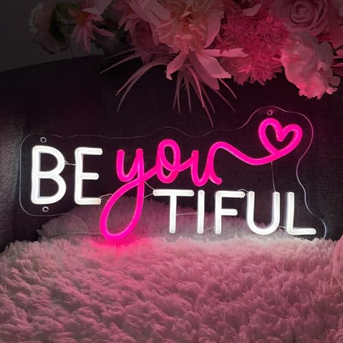Image of Be Your Tiful Neon Sign For Spa Beauty Room Nail Brows Lashed Salon Studio LED Wall Art Decor For Business Stores Logo Barber Shops Led Word Indoor Custom Neon Lights 5V USB Pink White 40x19.6 CM