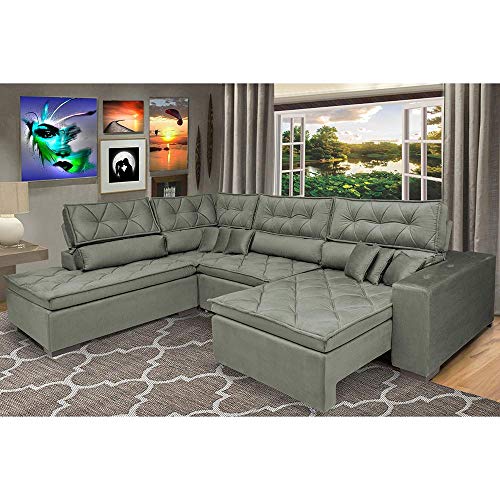 Sofa de Canto Retrátil e Reclinável com Molas Cama Inbox Platinum Esquerdo 3,00x2,36 Suede Cinza