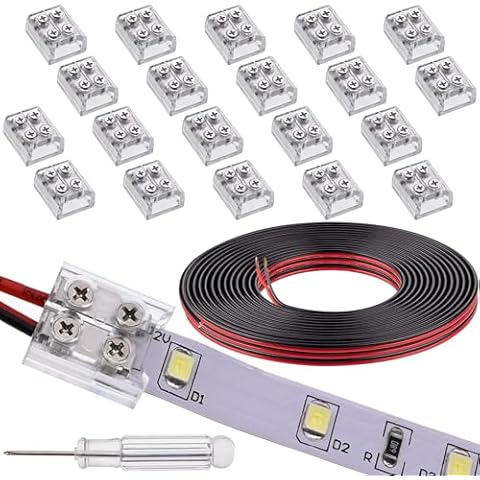 FSJEE 20 Pack Transparent Solderless LED Connector and 16.4FT AWG Wire,for Connecting LED Strip to Wire by screwdriver Suitable for DC5-24V 8mm 2Pin Single Color LED Strip Light Cover