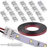 FSJEE 20 Pack LED Strip to Wire Connector and 16.4ft 20AWG Red/Black Wires,Transparent Solderless Connector by Screwdriver,Suitable for 2Pin 8mm Width PCB LED Strip Light