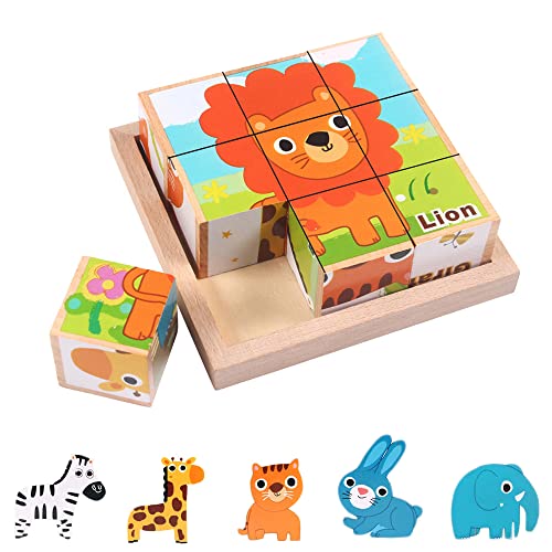 Bilderwürfel Holz, Holzpuzzle 3D Würfelpuzzle 6 in 1 Tierpuzzle Vorschule Montessori Spielzeug Holzspielzeug Lernspiele Kinderspielzeug für 2 3 4 Jahre Junge Mädchen Kleinkinder Kinder Cover