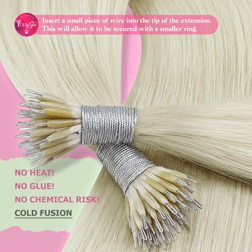 Image of YoungSee Nano Ring Hair Extensions Human Hair Platinum Blonde Nano Bead Hair Extensions Human Hair Blonde Nano-Link Hair Extension Blonde Nanotip Extension Real Human Hair for Long 24inch 50s 50g